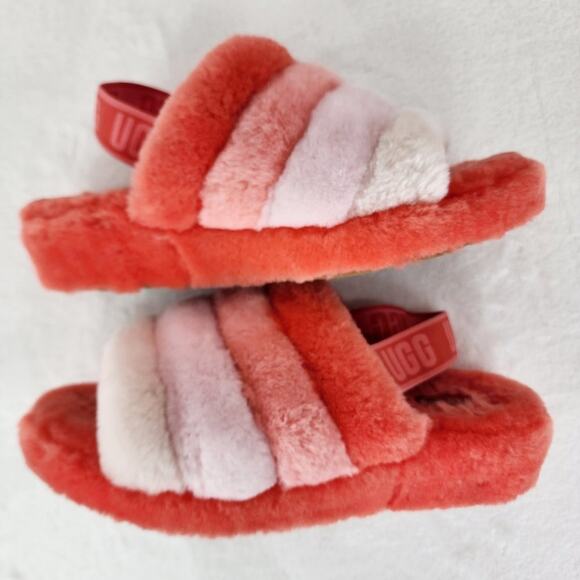 UGG Sheepskin Slides Women 11 Fluff Yeah Pink Peach Ombre Stripe Comfort Slipper - Picture 8 of 12